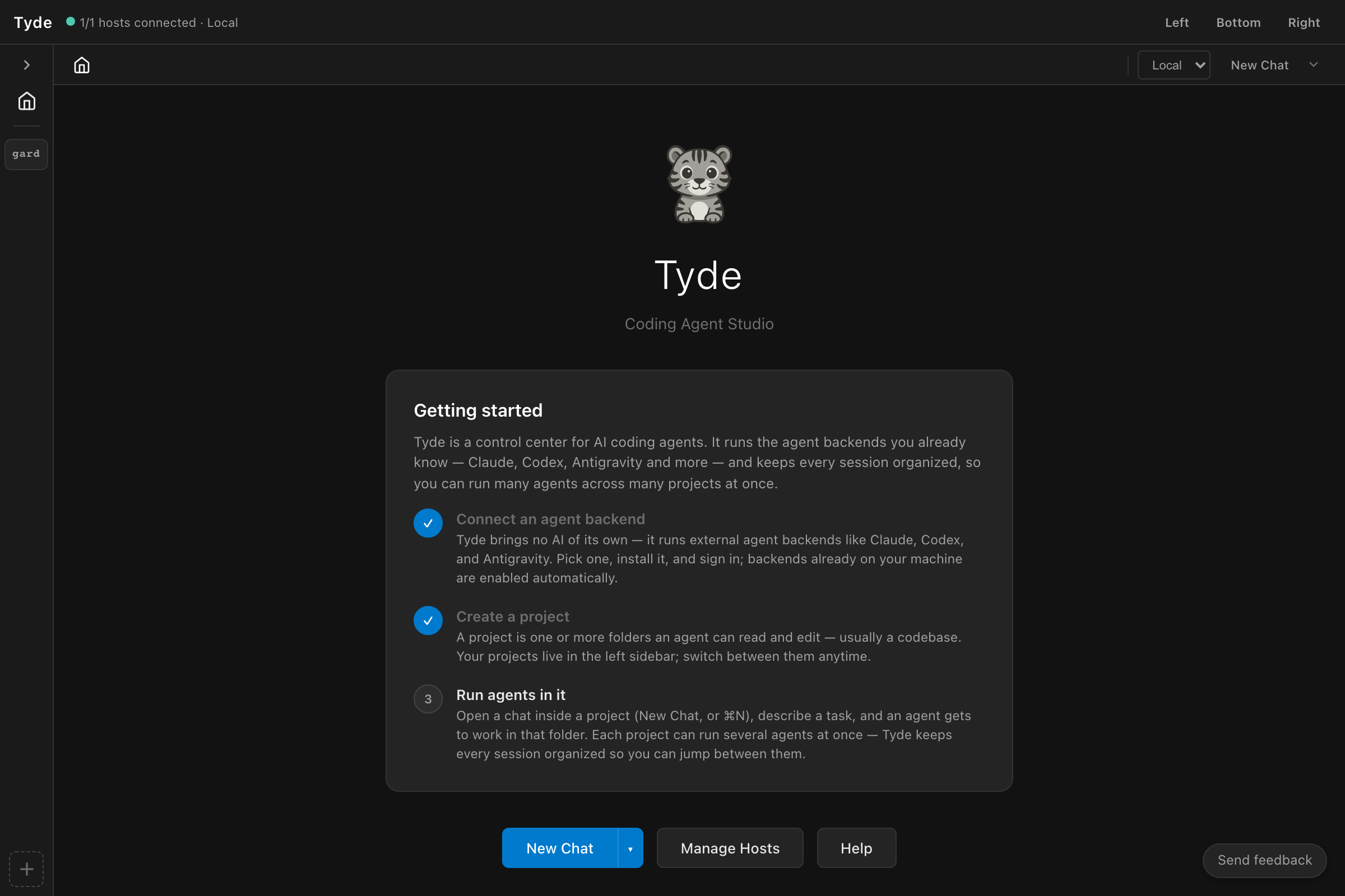 Tyde Home showing New Chat and Manage Hosts