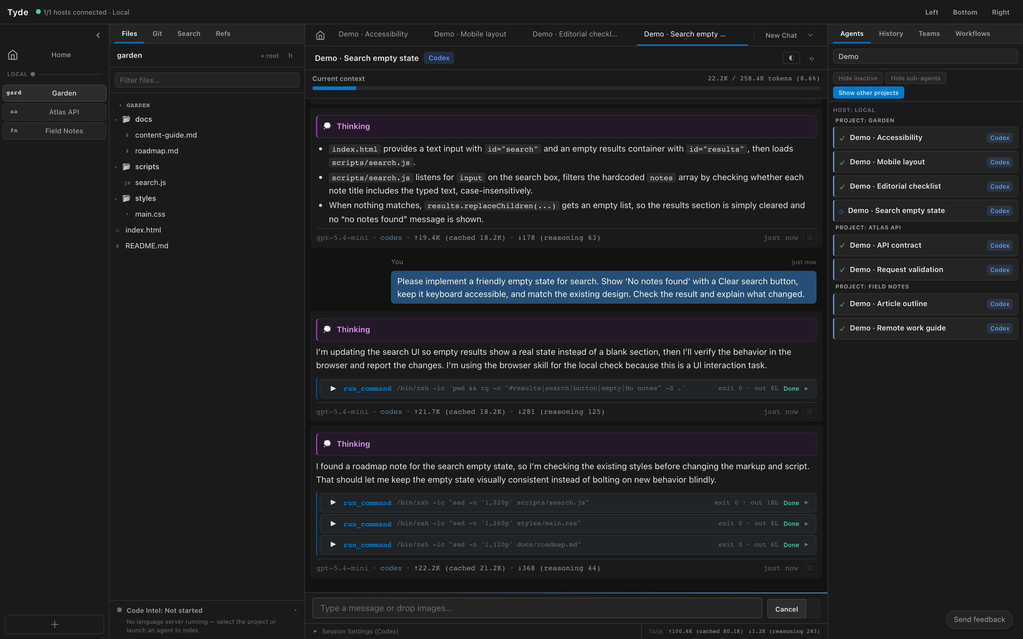 Tyde desktop with three projects, an expanded file tree, eight agents, and an active coding conversation
