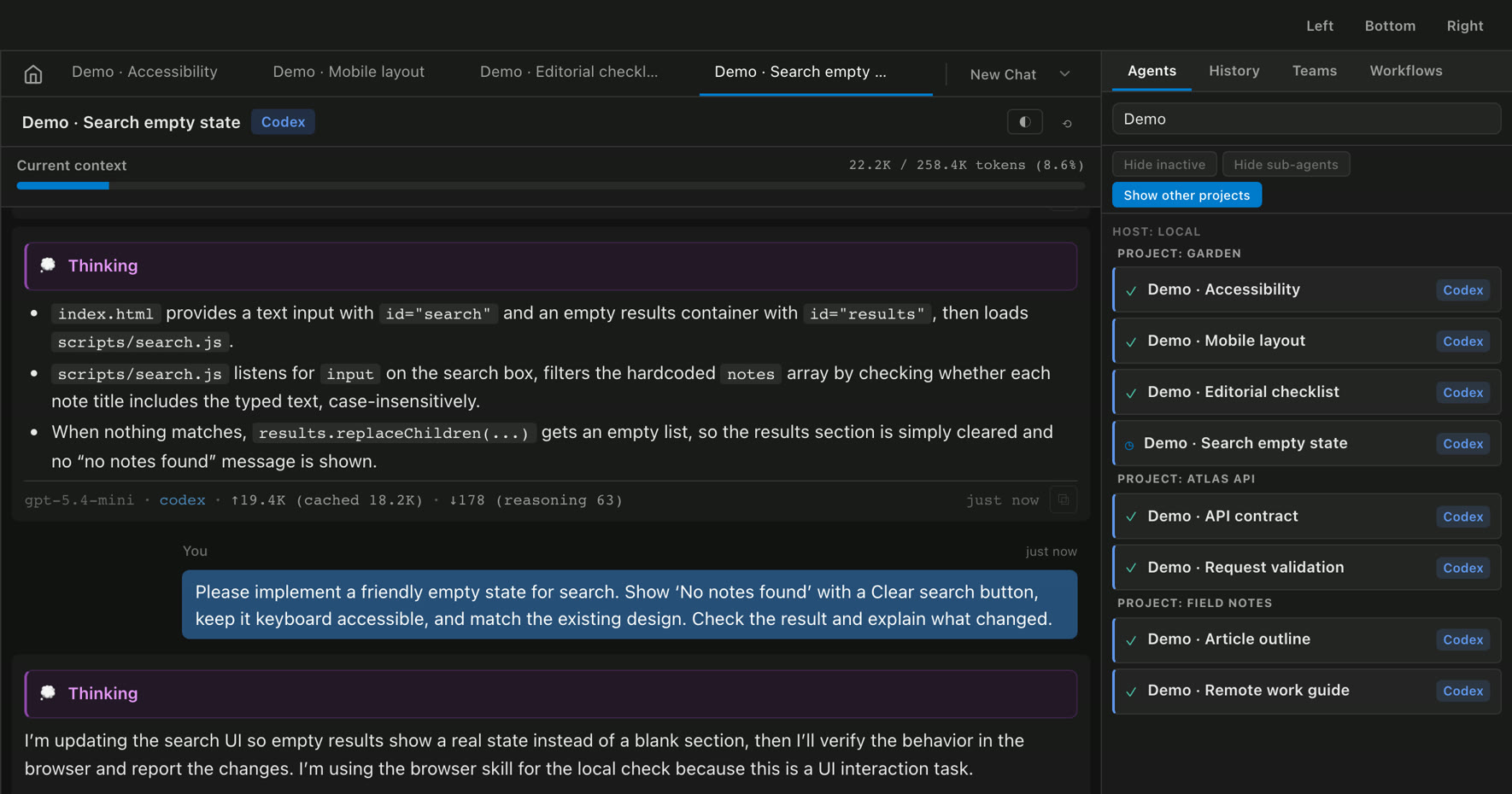 A Codex conversation next to the Agents sidebar listing eight agents across three projects